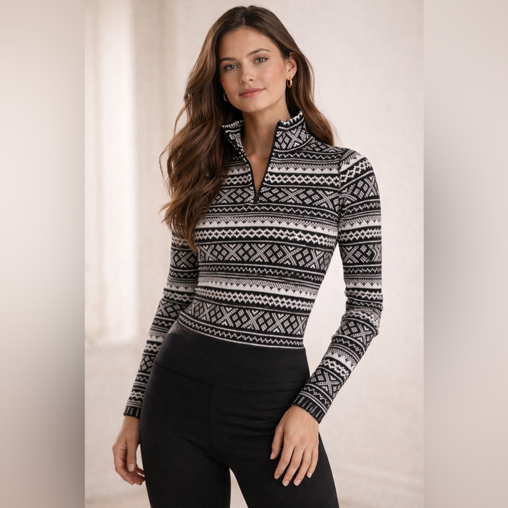 Ralph Lauren Fair Isle Black and White Quarter Zip Petite Large - Picture 2 of 7
